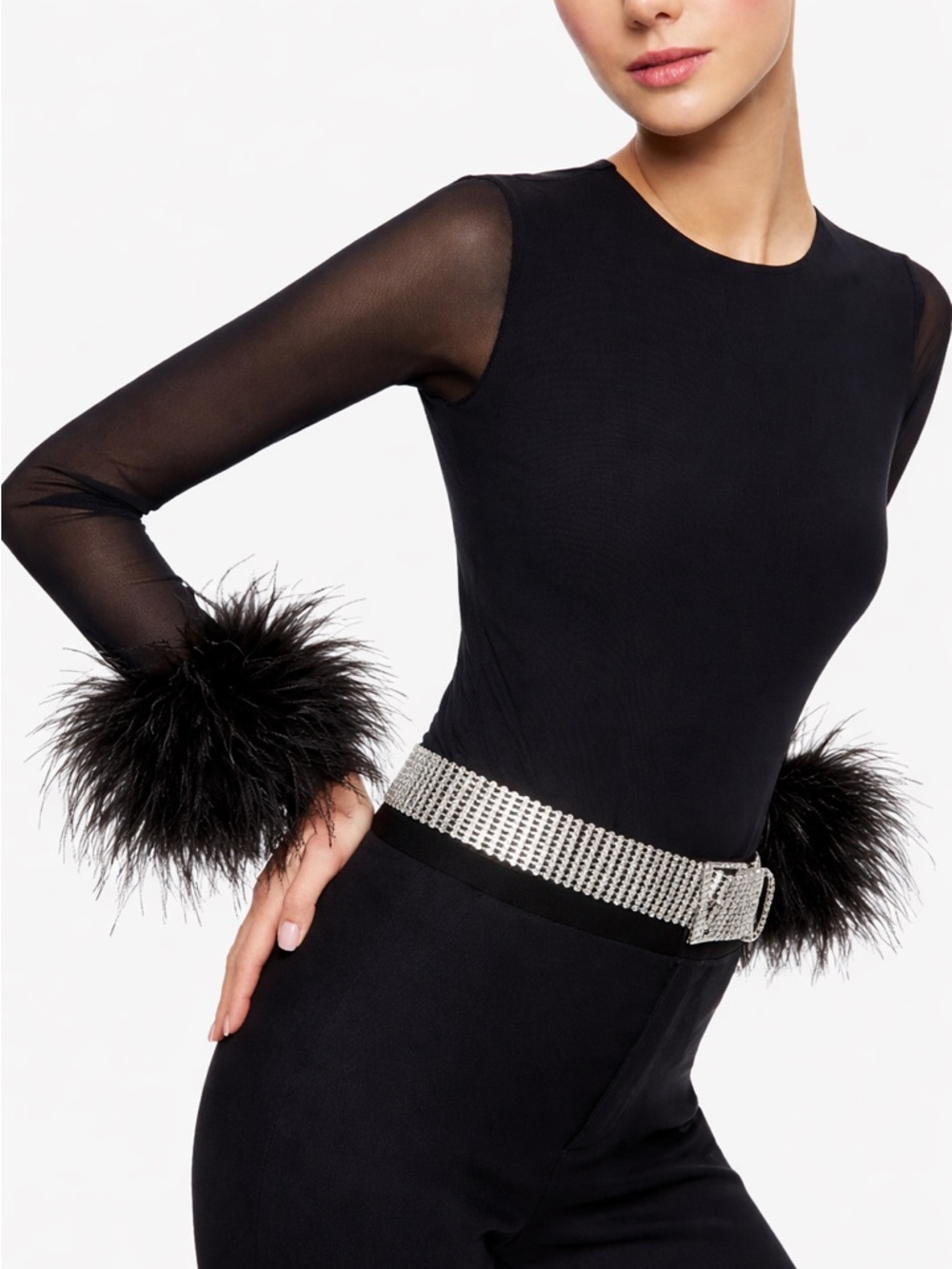 Alice + Olivia Delaina Feather Cuff Mesh Top | Sheer Black Statement Top Size M - Picture 7 of 9